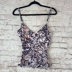 Parker Women's Small Silk Viscose Spaghetti Strap Top Blouse Animal V Neck Pink